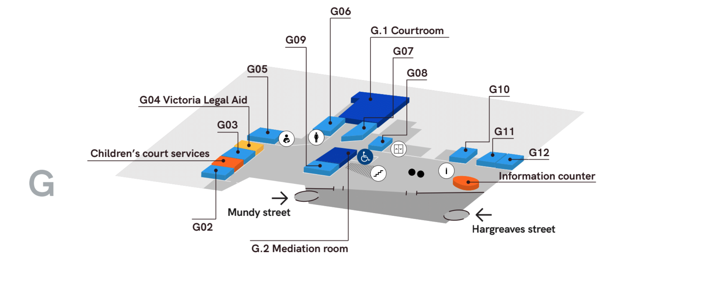 Map of the ground floor rooms and facilities at the Bendigo Law Courts