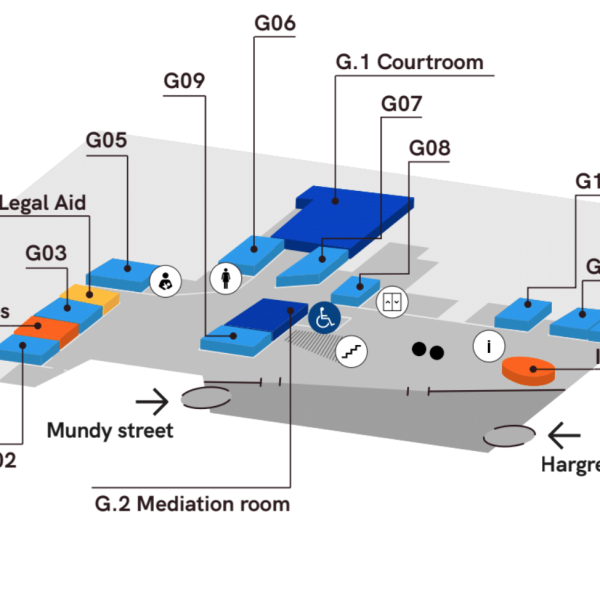 Map of the ground floor rooms and facilities at the Bendigo Law Courts