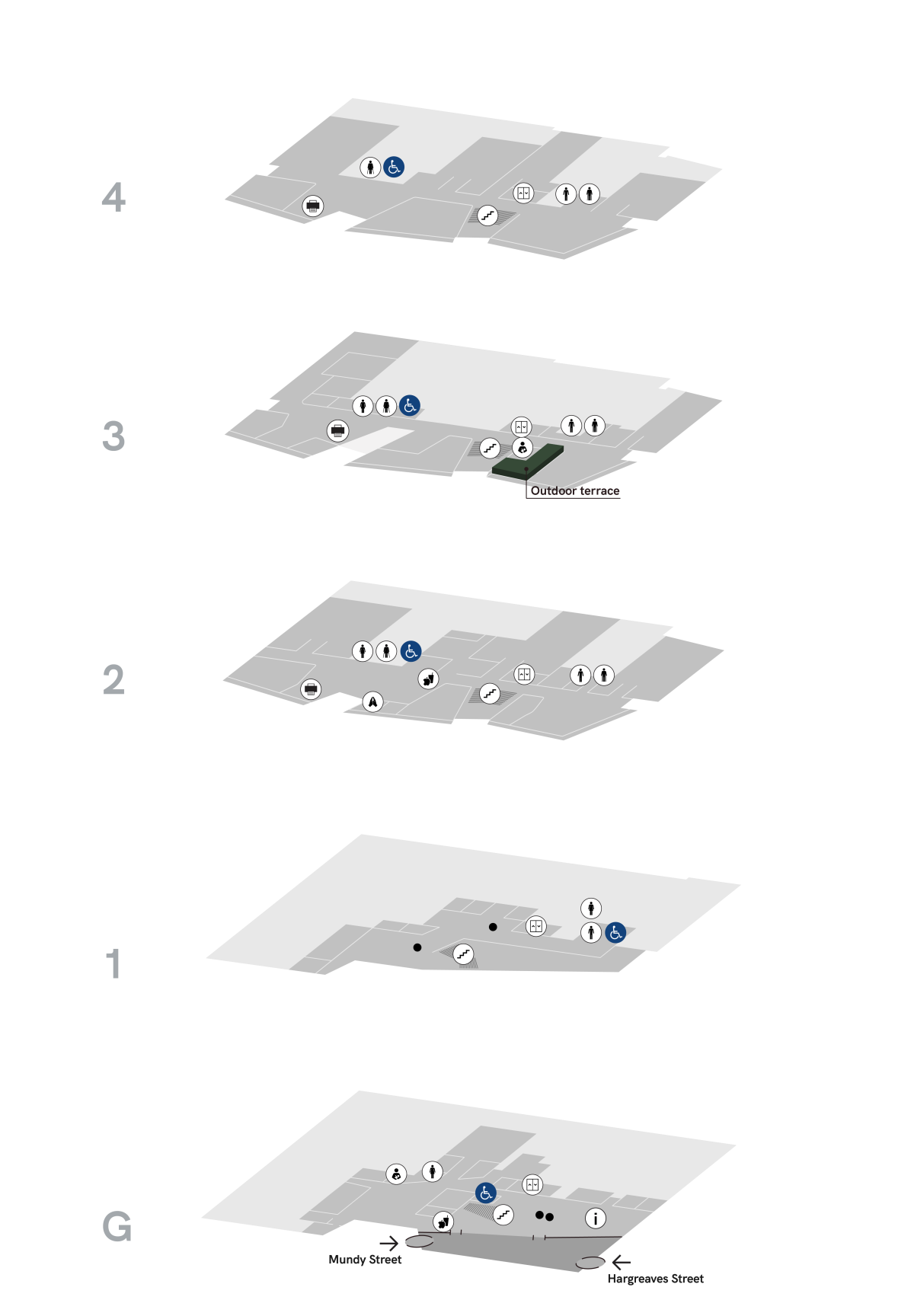 Map of building facilities across floors at the Bendigo Law Courts