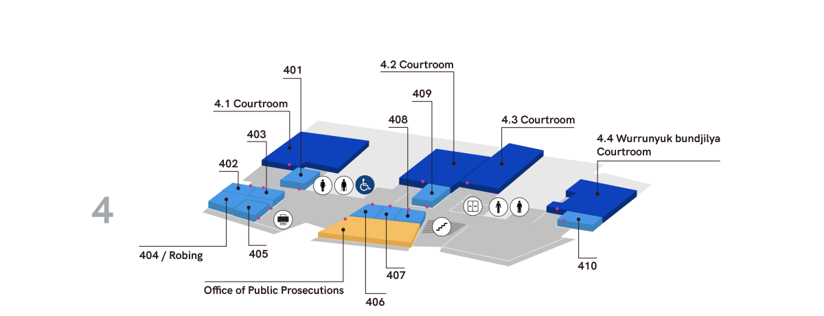 Map of level 4 rooms and facilities at the Bendigo Law Courts