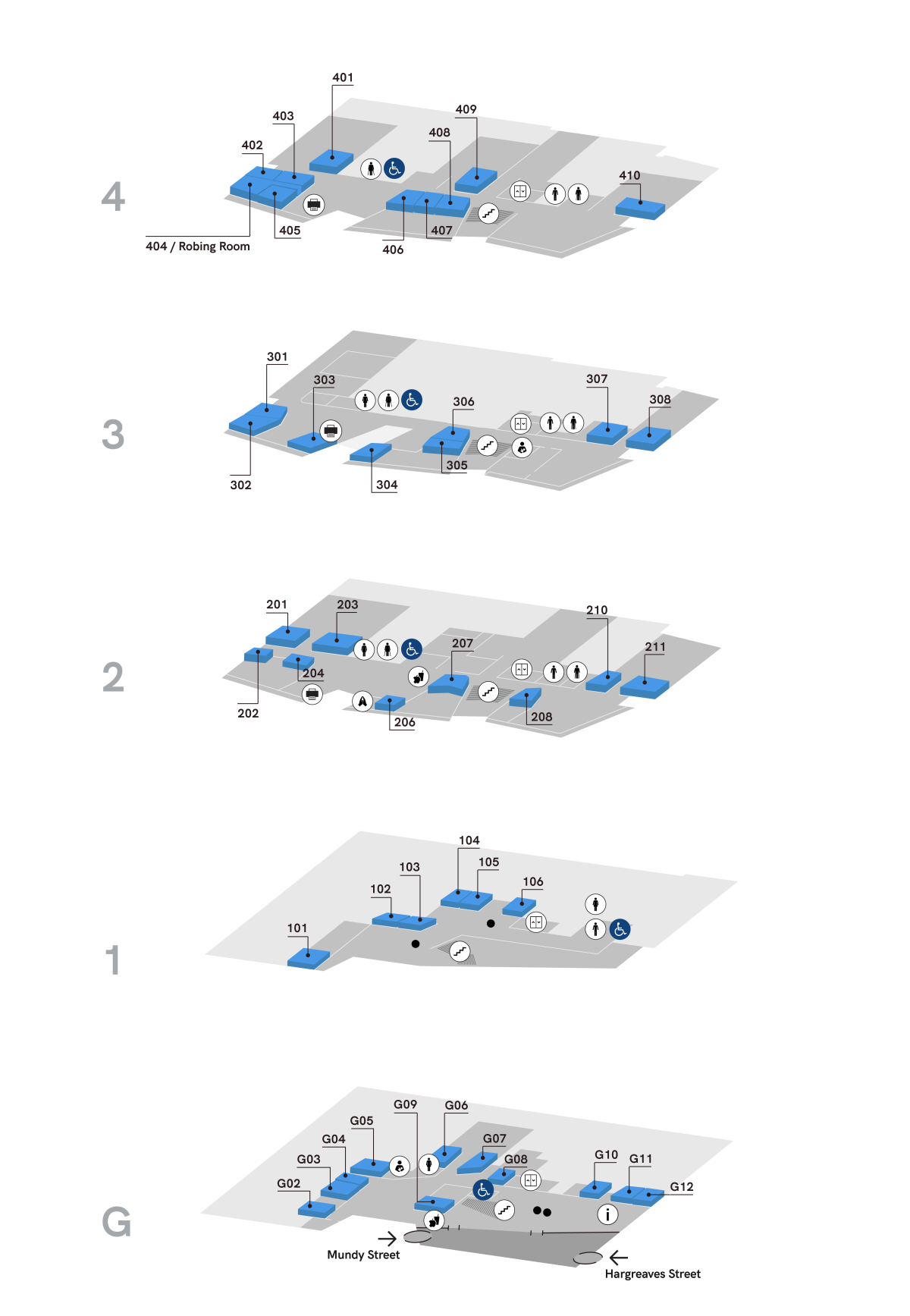 Map of meeting rooms across floors at the Bendigo Law Courts